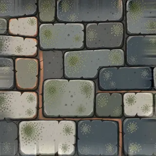 lichen-speckled worn cobbles