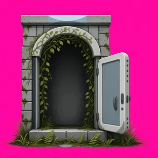 door open, overgrown