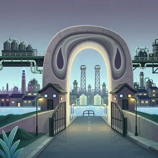 settlement entrance at dusk