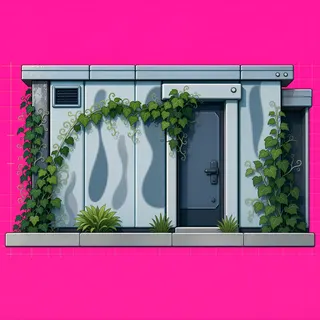 door closed, overgrown