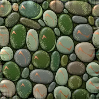 lichen-speckled river pebbles