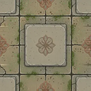 lichen-speckled dusty tiled floor