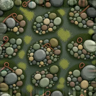 lichen-speckled river pebbles