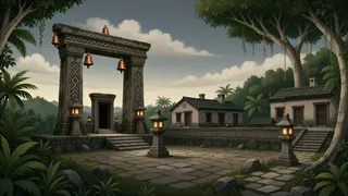 settlement entrance at overcast twilight