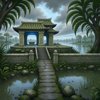 hidden shrine at stormy midday