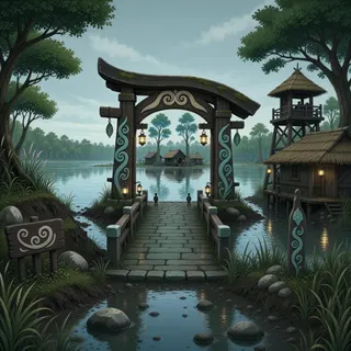 settlement entrance at overcast twilight