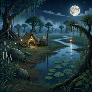 quiet camp at moonlit night