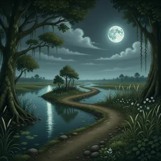 winding wilderness path at moonlit night