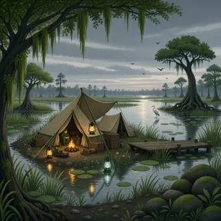 quiet camp at overcast twilight