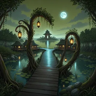 settlement entrance at moonlit night