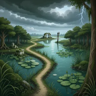 winding wilderness path at stormy midday