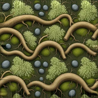 lichen-speckled root-covered soil