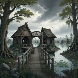settlement entrance at stormy midday