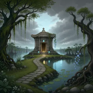 hidden shrine at overcast twilight