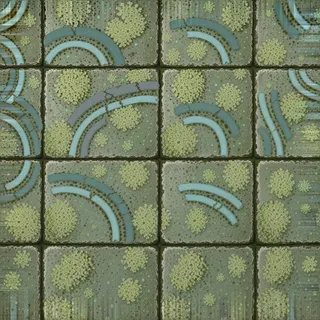 lichen-speckled dusty tiled floor