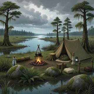 quiet camp at stormy midday