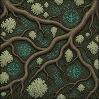 lichen-speckled root-covered soil
