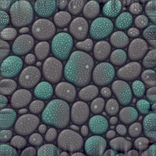 lichen-speckled river pebbles