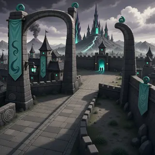 settlement entrance at stormy midday