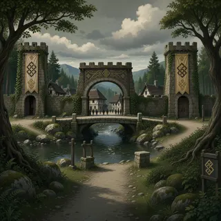 settlement entrance at stormy midday