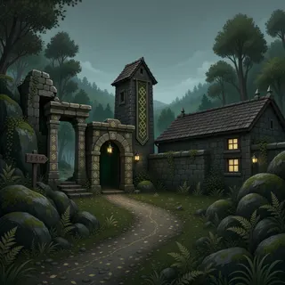 settlement entrance at overcast twilight
