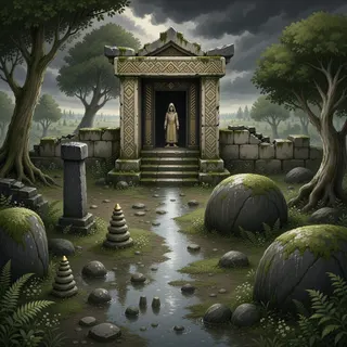 hidden shrine at stormy midday