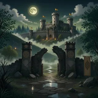 distant stronghold at moonlit night