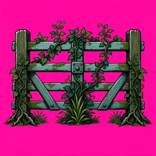fence gate closed, overgrown