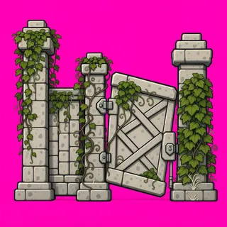 fence gate open, overgrown
