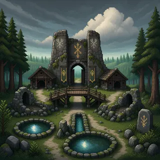 settlement entrance at stormy midday